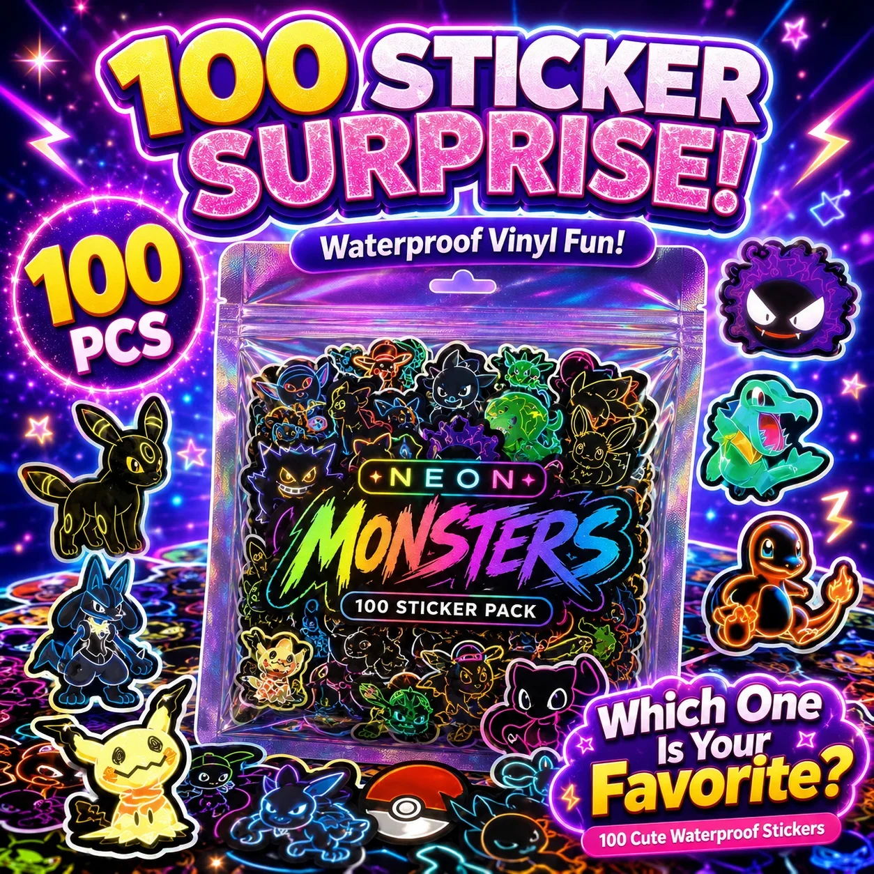 Skateboard - 100 adet Neon Pokémon Sticker'ı, Su